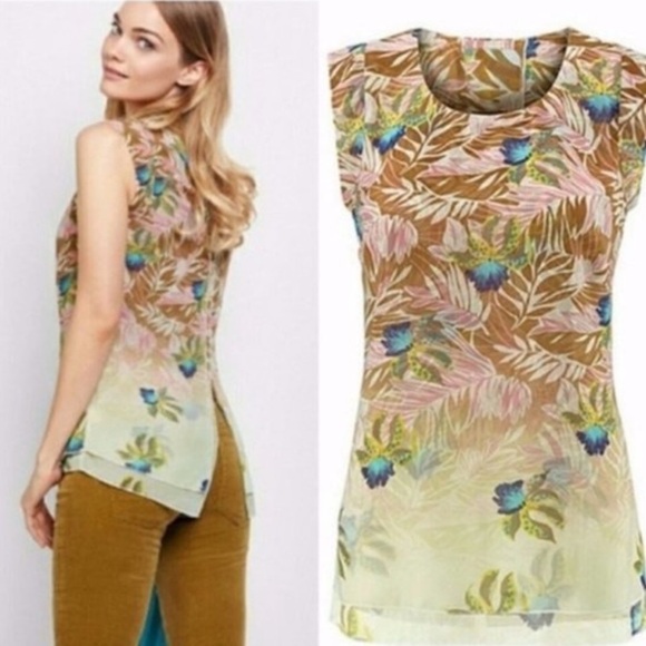 CAbi Parlor Top w/ tropical floral leaf & peacock feather print Style# 5216 Sz M - Picture 8 of 14